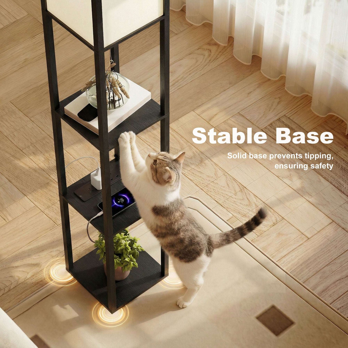 Floor Lamp with 3 Shelves | Column Design | MDF | E27 LED Included | Foot Switch | 160cm | 2.5kg per Tier | Black