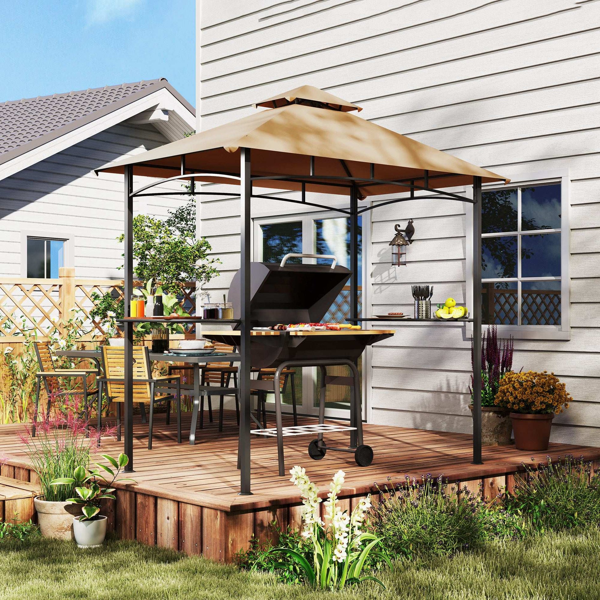 2.5M (8ft) New Double-Tier BBQ Gazebo Shelter Grill Canopy Barbecue Tent Shelter Patio Deck Cover - Khaki