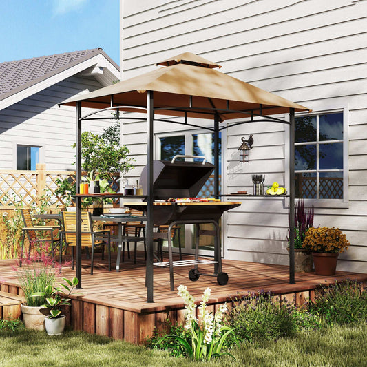 2.5M (8ft) New Double-Tier BBQ Gazebo Shelter Grill Canopy Barbecue Tent Shelter Patio Deck Cover - Khaki