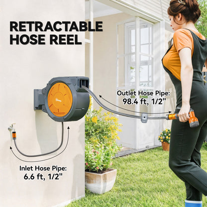 Outsunny Retractable Hose Reel Wall Mounted, 30+2m Garden Hose Pipe Reel with Lock, Auto Rewind, 7 in 1 Spray Nozzle, Includes Wall Fixings, 180° Swivel, Outdoor Watering, Orange