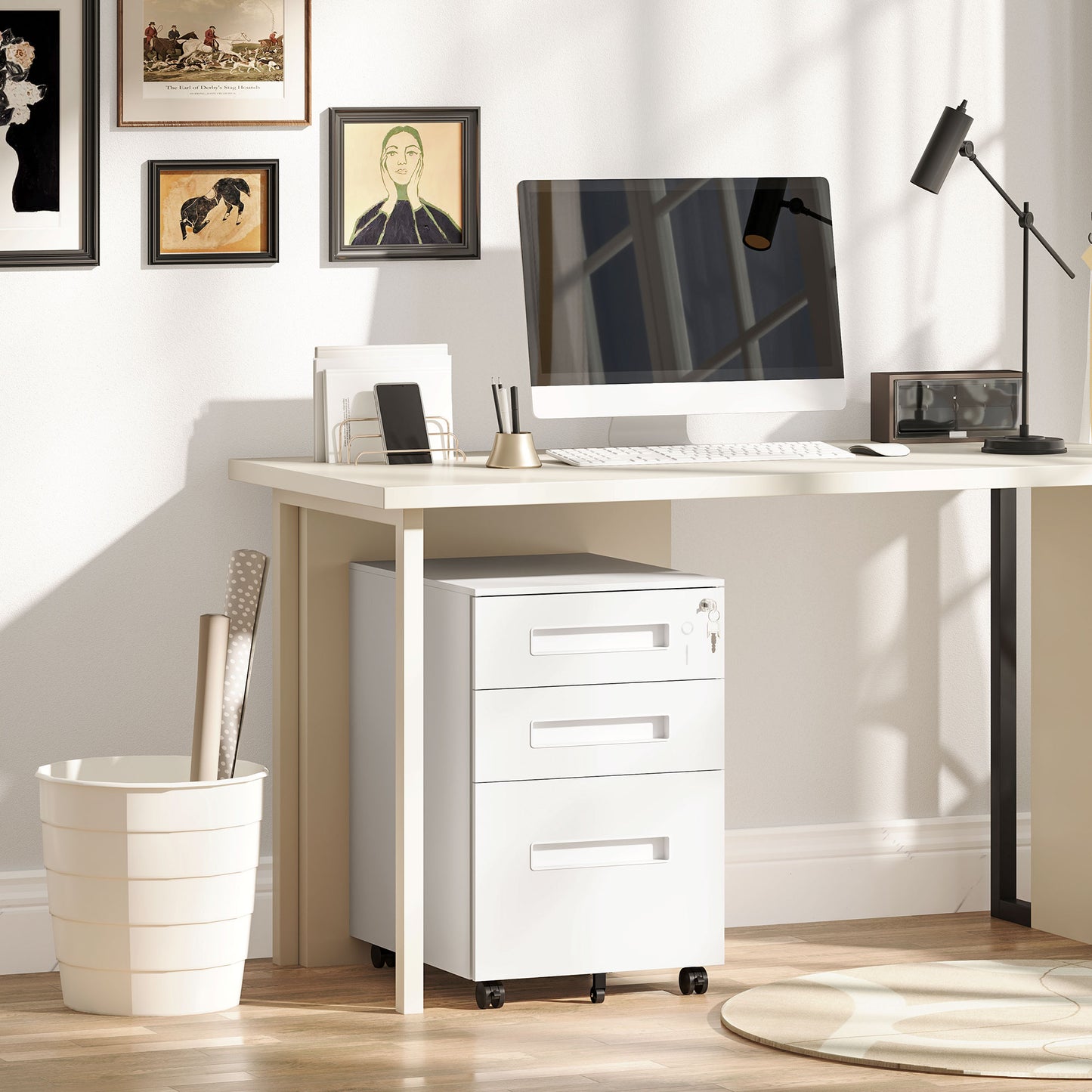 3 Drawer Mobile Metal Filing Cabinet | Under Desk | 39x48x60cm | Lockable | A4 Legal Letter | Pencil Tray | 4 Wheels 2 Brakes | Pre-Assembled | 30kg | White