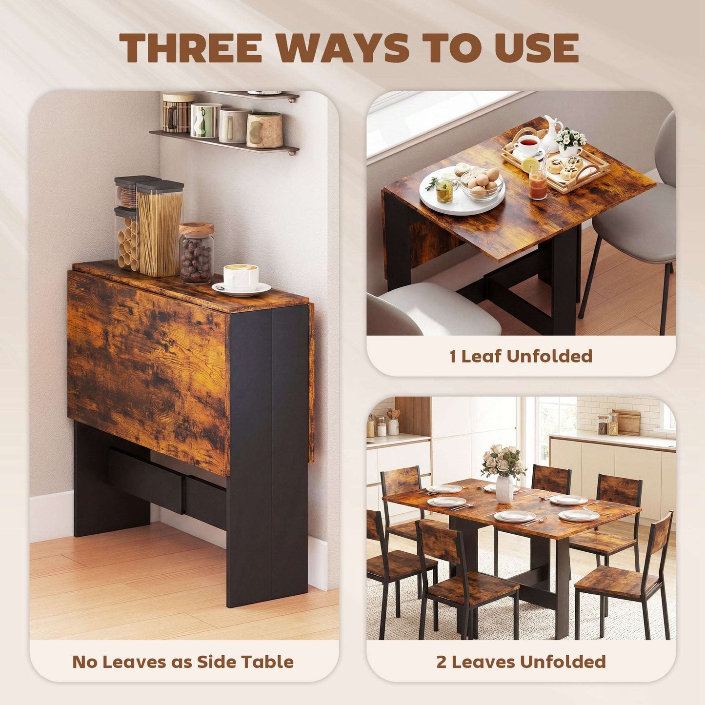 Retro Vintage Style Folding Dining Table, Space-Saving Drop Leaf Kitchen Table for 4-6 People Rustic Brown