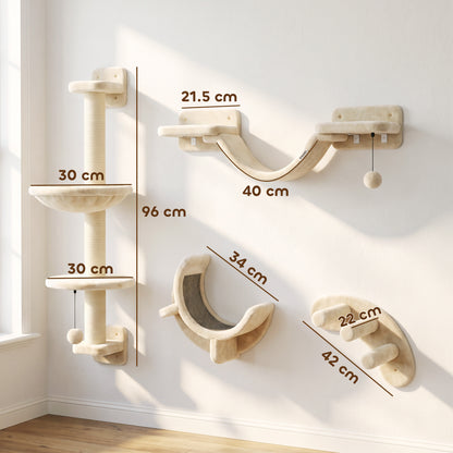 PawHut 4-Piece Cat Wall Furniture Set | Hammock | Soft Ladder Platform | 3-Step Curved Ladder | Plush-Covered | Adjustable Layout | Sisal Scratch Surface | Under 5kg | Indoor | Beige