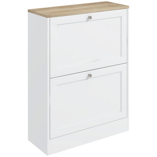 Narrow Shoe Cabinet with 2 Flip Drawers and Adjustable Shelves - White