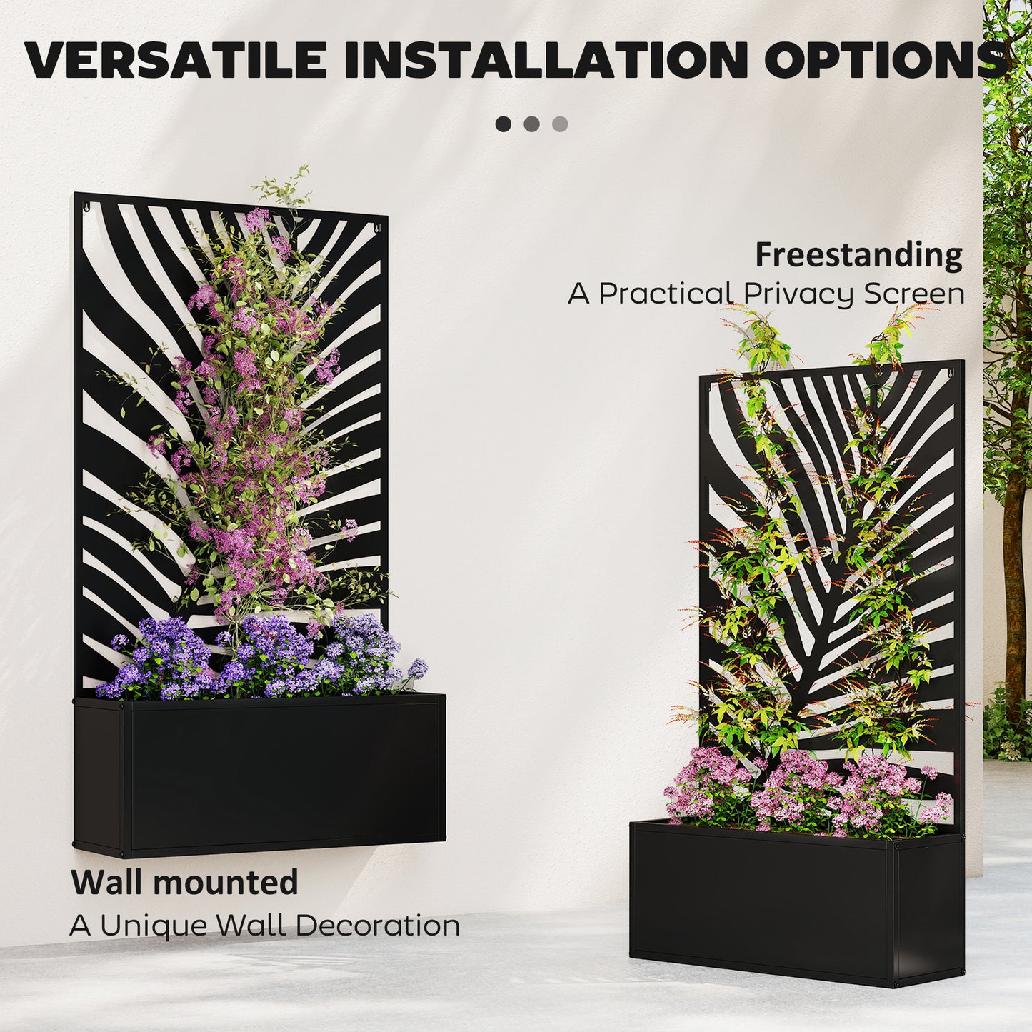 Metal Raised Planter with Large Leaf Cut-Out Trellis & Privacy Screen | Wall Mounted or Freestanding | 29L Soil | 50kg | Powder-Coated | 61x23x113cm | Climbing Plants | Black