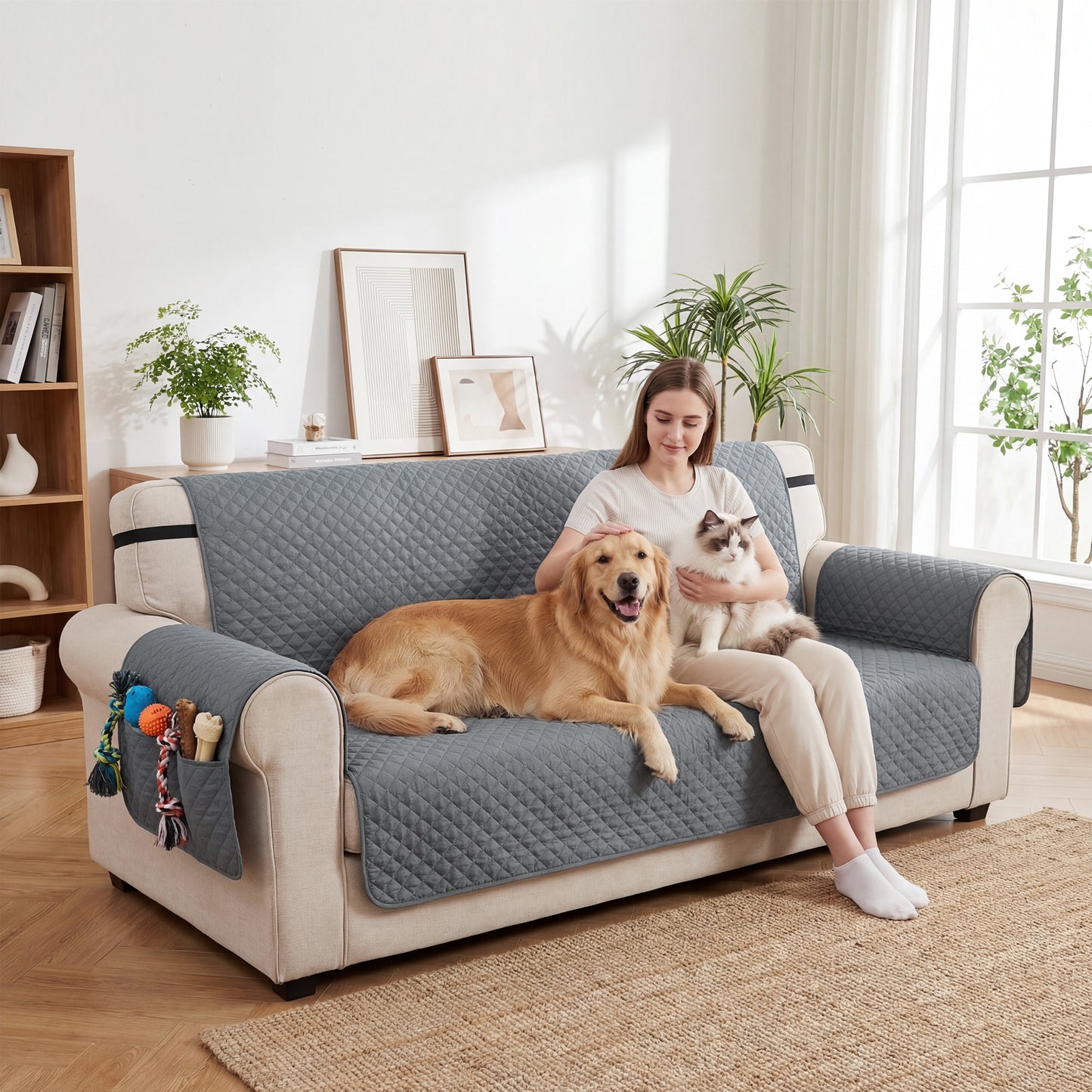 Waterproof 3-Seater Sofa Cover for Dogs, Cats & Pets | Non-Slip Backing & Elastic Straps | 2 Armrest Pockets | Machine Washable | Brushed Multi-Layer Fabric | 306x177cm | Grey