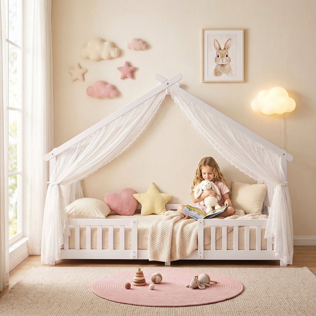 Kids House Single Bed Frame | Solid Pine Wood | House-Shaped Roof Design | Dual Guardrails | 5.5cm Low Floor Height | Fits 200x90cm Mattress | Max 110kg | 217x94x140cm | White or Pink