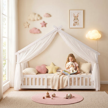 Kids House Single Bed Frame | Solid Pine Wood | House-Shaped Roof Design | Dual Guardrails | 5.5cm Low Floor Height | Fits 200x90cm Mattress | Max 110kg | 217x94x140cm | White or Pink