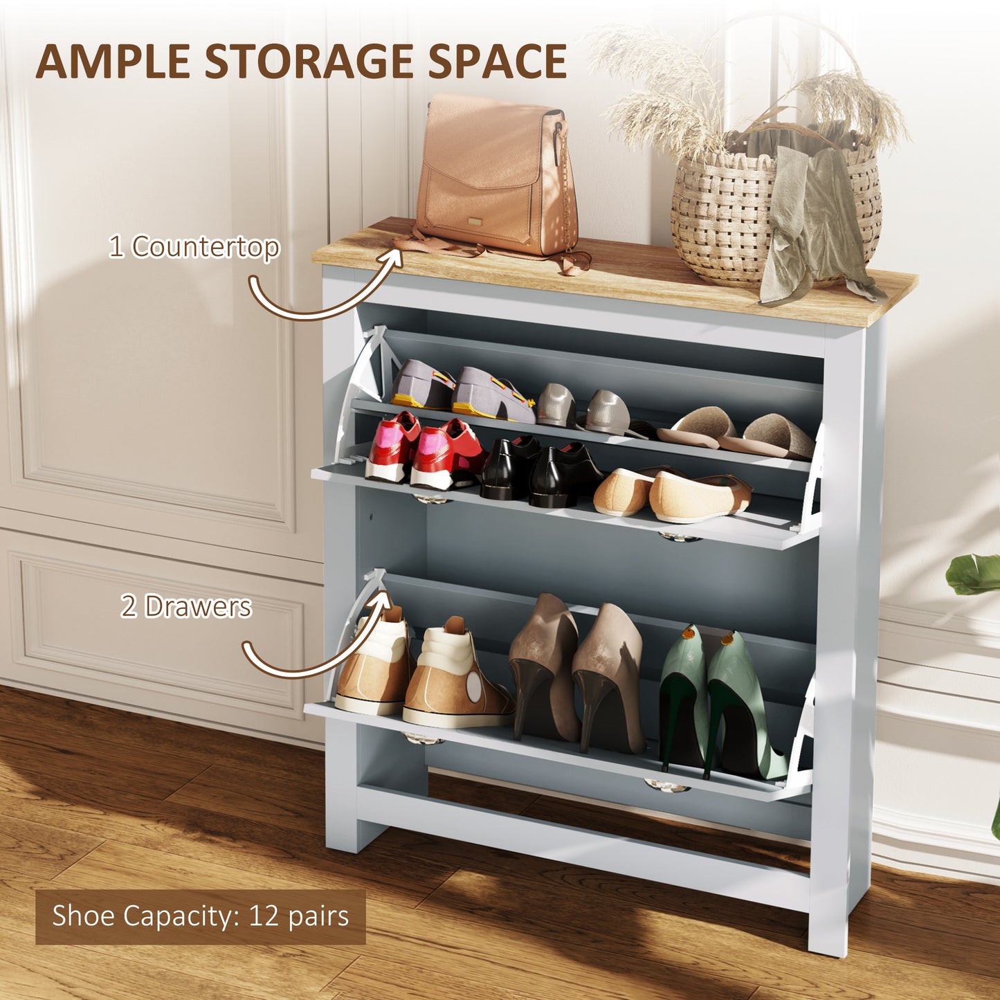 2 Drawer Shoe Cabinet Modern Narrow Shoe Cupboard Hallway Wooden Storage Organiser with Flip Doors Adjustable Shelf for 6-12 Pairs