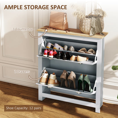 2 Drawer Shoe Cabinet Modern Narrow Shoe Cupboard Hallway Wooden Storage Organiser with Flip Doors Adjustable Shelf for 6-12 Pairs