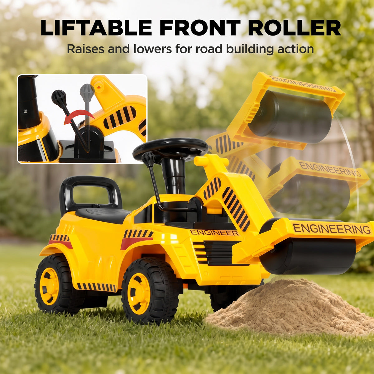 AIYAPLAY Kids Ride-On Road Roller | Foot-Powered Construction Toy | Liftable Front Drum | Horn & Under-Seat Storage | Yellow & Black | Ages 1–4