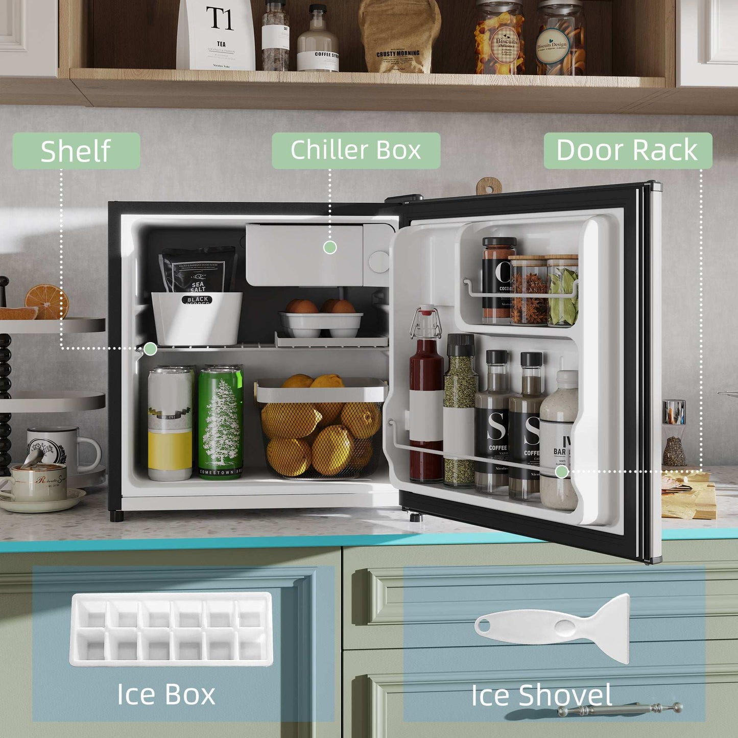 46 Litre Table Top Mini Fridge, Small Fridge with Ice Box, Reversible Door, Adjustable Temperature and Legs for Bedrooms, Home Office