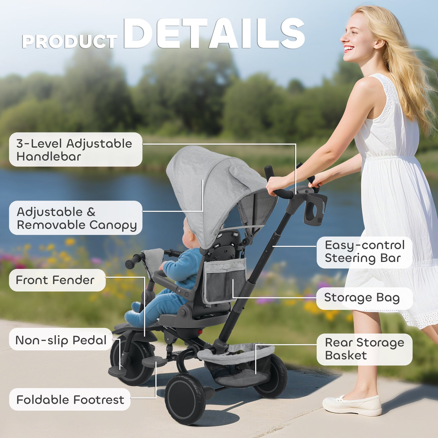 AIYAPLAY 6 in 1 Foldable Kids Trike with Adjustable Parent Handle & Canopy for Ages 1-5, Grey / Black / Pink