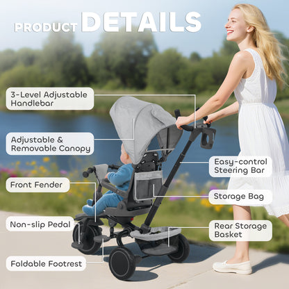 AIYAPLAY 6 in 1 Foldable Kids Trike with Adjustable Parent Handle & Canopy for Ages 1-5, Grey / Black / Pink