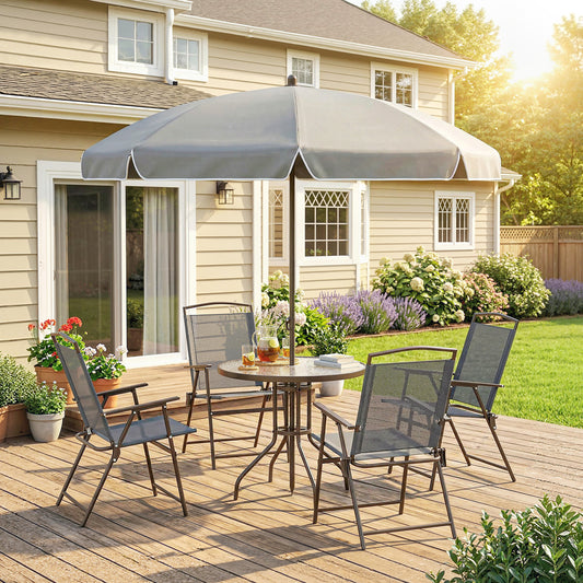 6-Piece Garden Dining Set with Parasol | 4 Folding Mesh Chairs | Glass Table | Ø170cm Parasol | Dark Grey