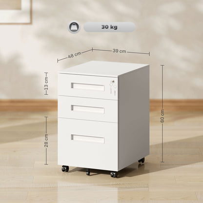 3 Drawer Mobile Metal Filing Cabinet | Under Desk | 39x48x60cm | Lockable | A4 Legal Letter | Pencil Tray | 4 Wheels 2 Brakes | Pre-Assembled | 30kg | White