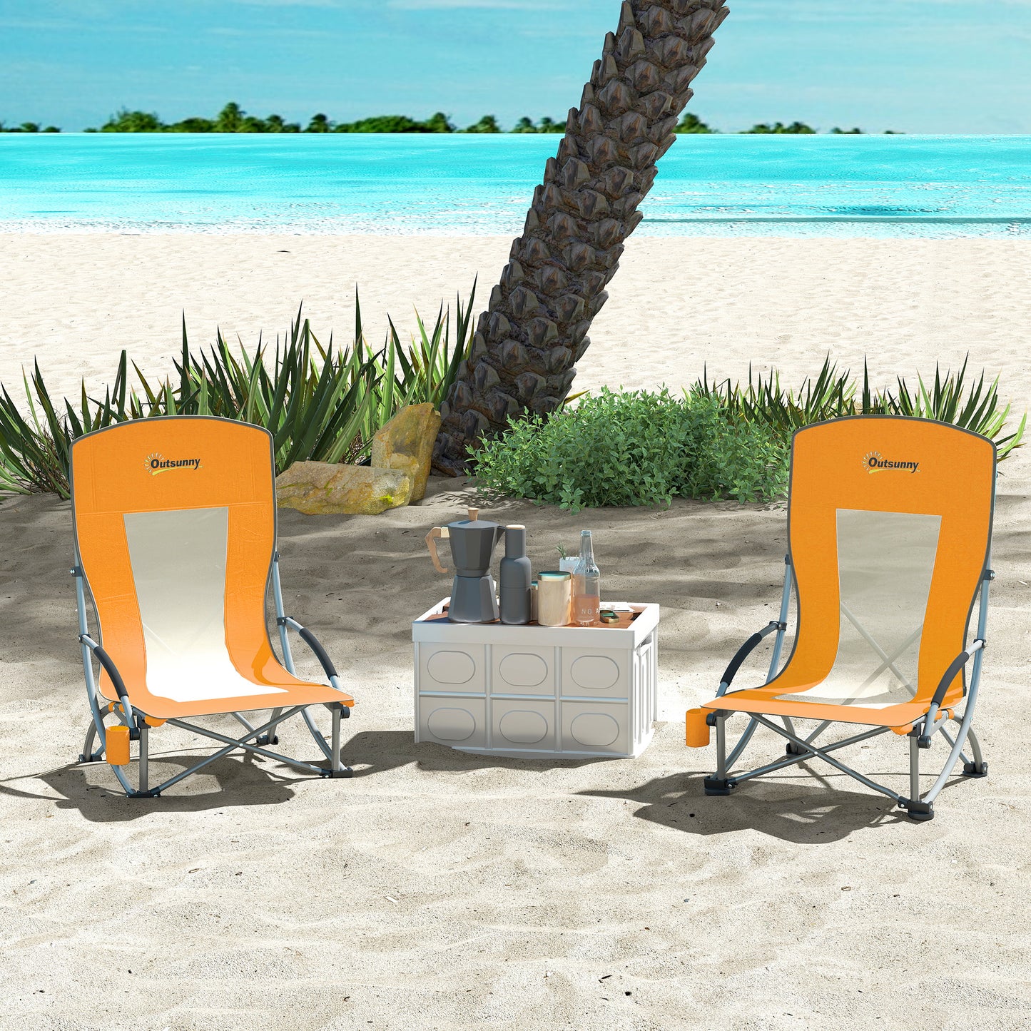 Set of 2 Folding Beach Chair, Low Camping Chair with Mesh Back, Carry Bag and Cup Holder for Garden Outdoor Picnic Festival Travel