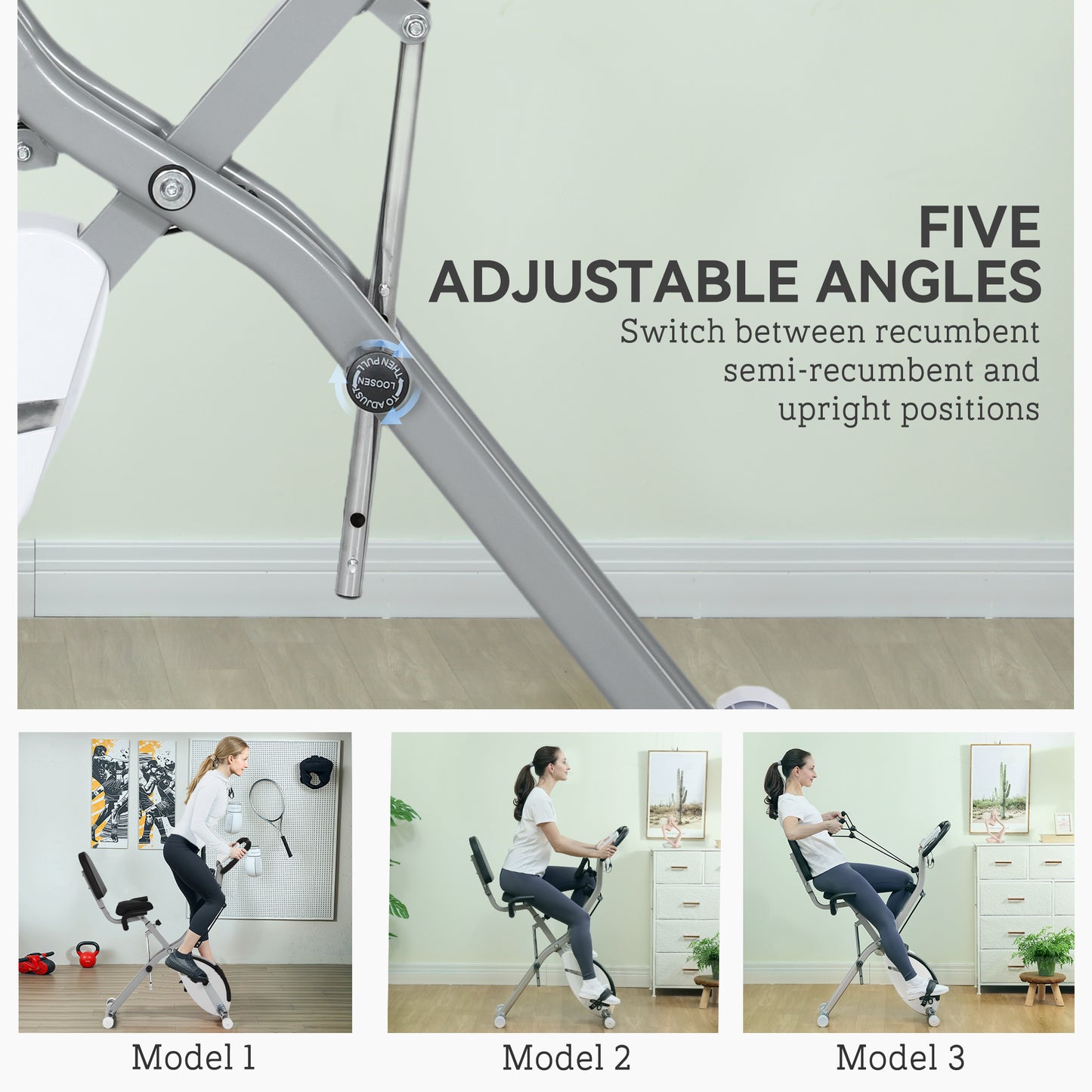 5-In-1 Folding Exercise Bike with Arm Workout Bands, Quiet 8-Level Magnetic Resistance Foldable Exercise Bike with LCD, Tablet Holder, White