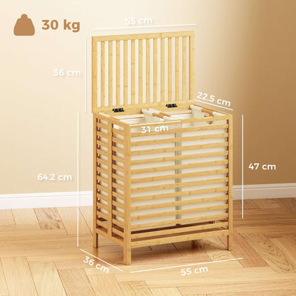 Bamboo Laundry Basket | Double 64L | 2 Washable Oxford Bags | Lid | Top Shelf | Foldable | 30kg | Natural & Cream White