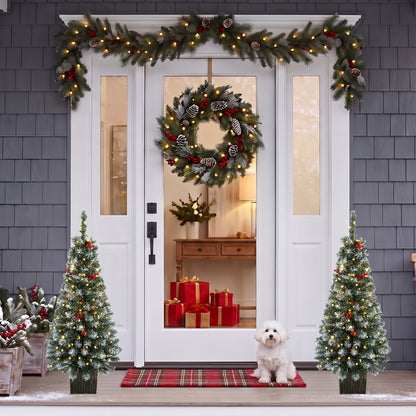 Set of 2 Slim Pre-Lit Christmas Trees | Green Frosted Tips | 120cm 4ft Pencil | 100 LEDs Warm White Multicolour | 11 Modes Remote | 140 Tips Pine Cones Berries | Battery Operated | Pot Base