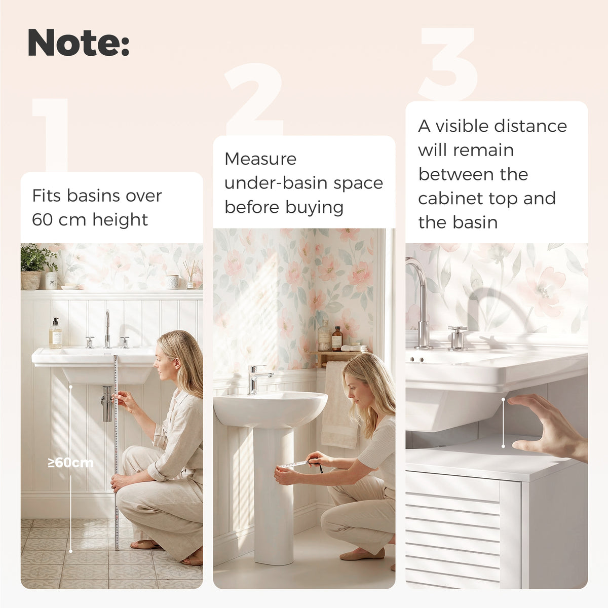 Under Sink Bathroom Cabinet | 60W x 30D x 60H cm | 2 Louvre Doors, Adjustable Shelf & Bamboo Legs | White & Natural