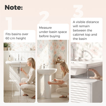 Under Sink Bathroom Cabinet | 60W x 30D x 60H cm | 2 Louvre Doors, Adjustable Shelf & Bamboo Legs | White & Natural