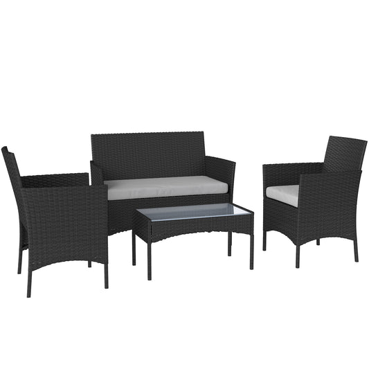 4-Piece PE Rattan Garden Sofa Set | Loveseat | 2 Armchairs | Tempered Glass Coffee Table | Powder-Coated Steel Frame | 2000h UV-Resistant PE Rattan | 5cm Zip Cushions | Protective Foot Pads | 240kg Loveseat Capacity | Black
