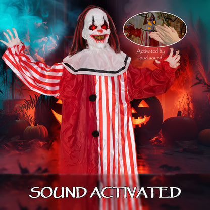 165 cm Life Size Halloween Animated Clown with Red Light Up Eyes, Sound Activated Moving Body, Scary Clown Halloween Decorations, Battery Operated, Indoor Party Props