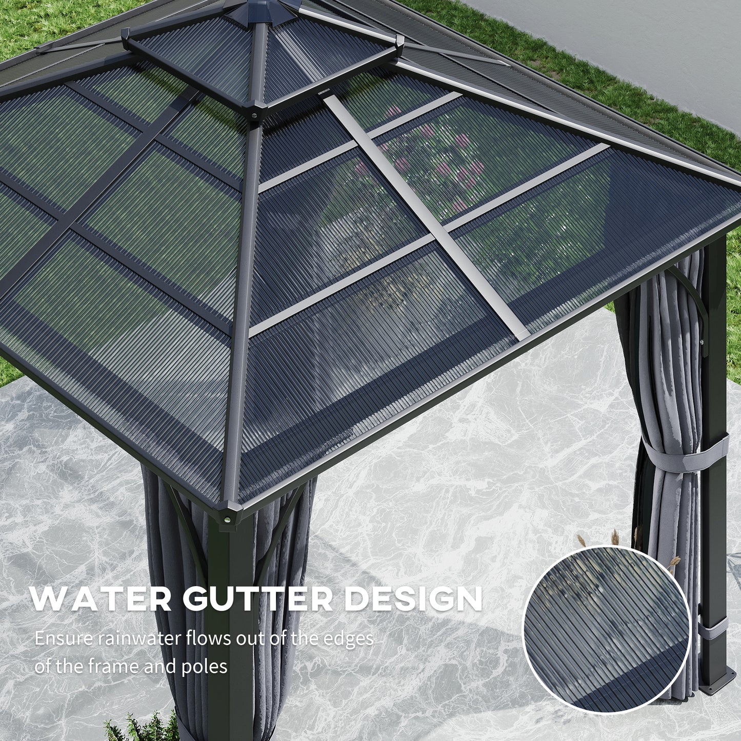 3 x 3(m) Hardtop Garden Gazebo Canopy with 7mm Double Polycarbonate Roof, Permanent Pavilion with Mosquito Netting and Curtains Dark Grey