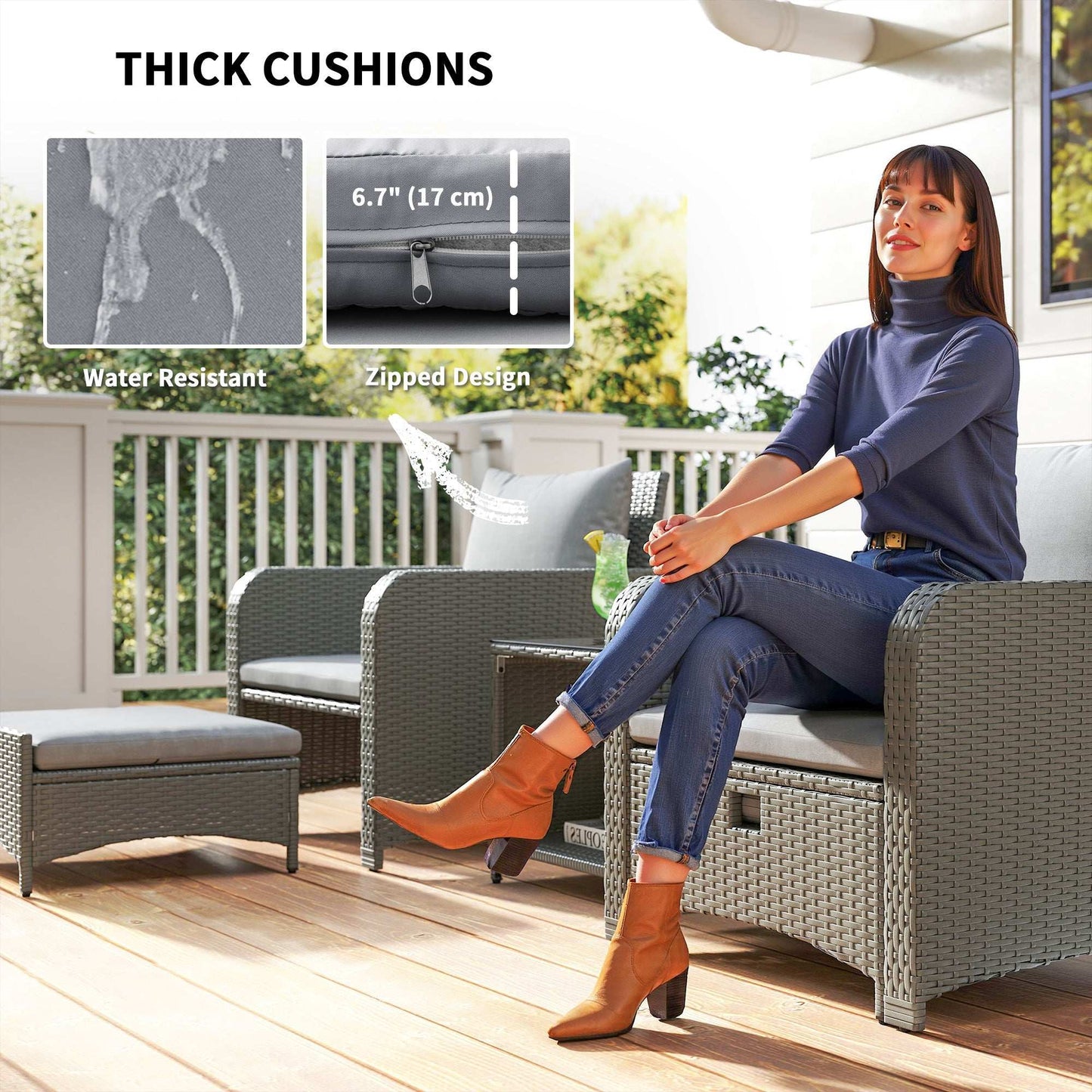 Outsunny Five Piece Rattan Garden Furniture Set with 2-Tier Coffee Table and Ottomans - Grey