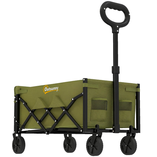 Outsunny 80L Foldable Festival Trolley on Wheels – Drop-Down Tailgate, 150kg, Adjustable Handle, 2 Cup Holders, Quick-Release Wheels – Green