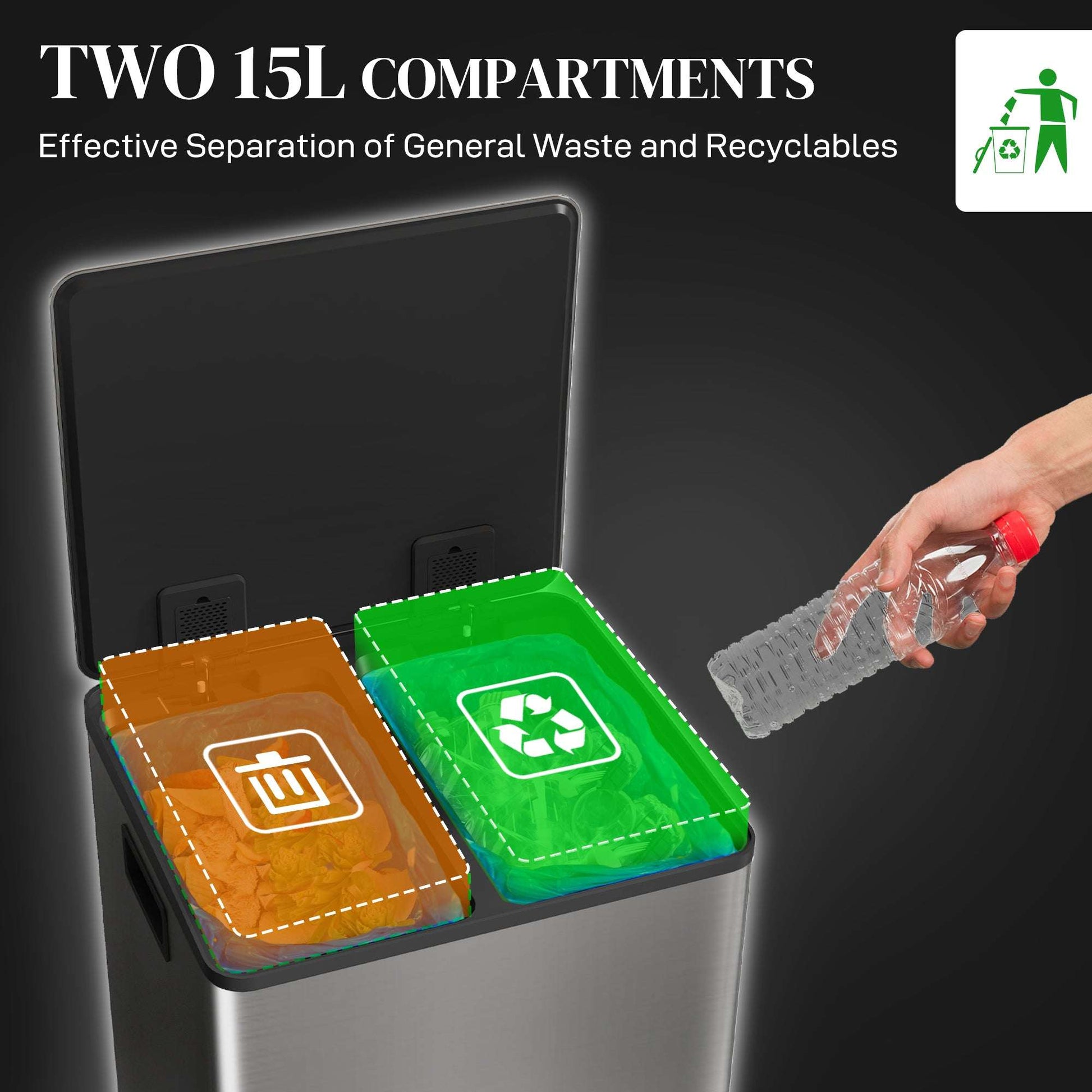 30L Dual Compartment Pedal Bin | Stainless Steel | 2x15L | Removable Buckets | Deodoriser Holders | Stay-Open | No Assembly | Silver