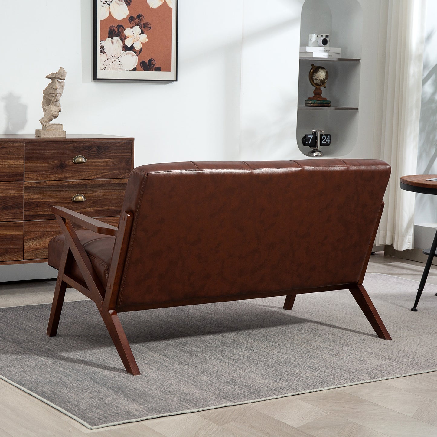 Retro Compact 2 Seater Sofa, Vintage Tufted Loveseat Sofa with Solid Wood Legs, PU Leather Small Couch Settee for Living Room, Bedroom, Home Office, 133 x 81 x 785 cm, Brown