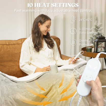 Heated Blanket 180 x 130cm, Electric Throw Blanket with 10 Heat Levels and 10H Timer, Machine Washable Flannel and Cotton Velvet with Overheat Protection, Grey
