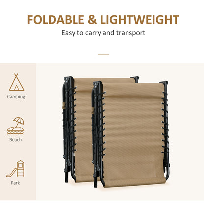 Portable Sun Lounger Set of 2, Folding Camping Bed Cot, Reclining Lounge Chair 5-position Adjustable Backrest with Side Pocket, Pillow - Beige