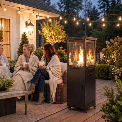 13kW Gas Patio Heater | Propane & Butane | Stepless Control | Piezo Ignition | Tempered Glass Wind Guard | 45° Tilt Shut-Off | Lava Rocks | 4 Wheels (2 Lockable) | 30m² | 46x46x137cm | Black