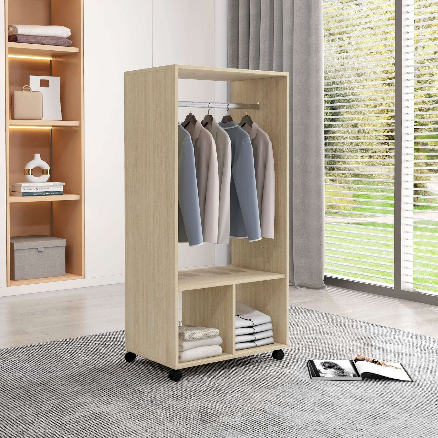 Open Wardrobe on Wheels | Clothes Hanging Rail | 2 Open Shelves | 4 Wheels 2 Lockable | 128x60x40cm | 25kg | Natural Wood Effect