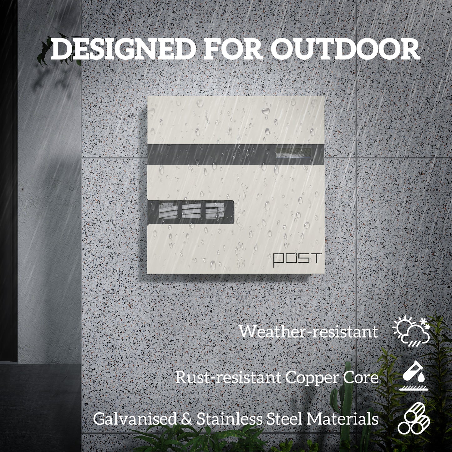 Wall Mounted Post Box with Viewing Window, 2 Lock, Modern Galvanised Steel Mailbox with Copper Core, Weatherproof Letterbox for Outdoor Use