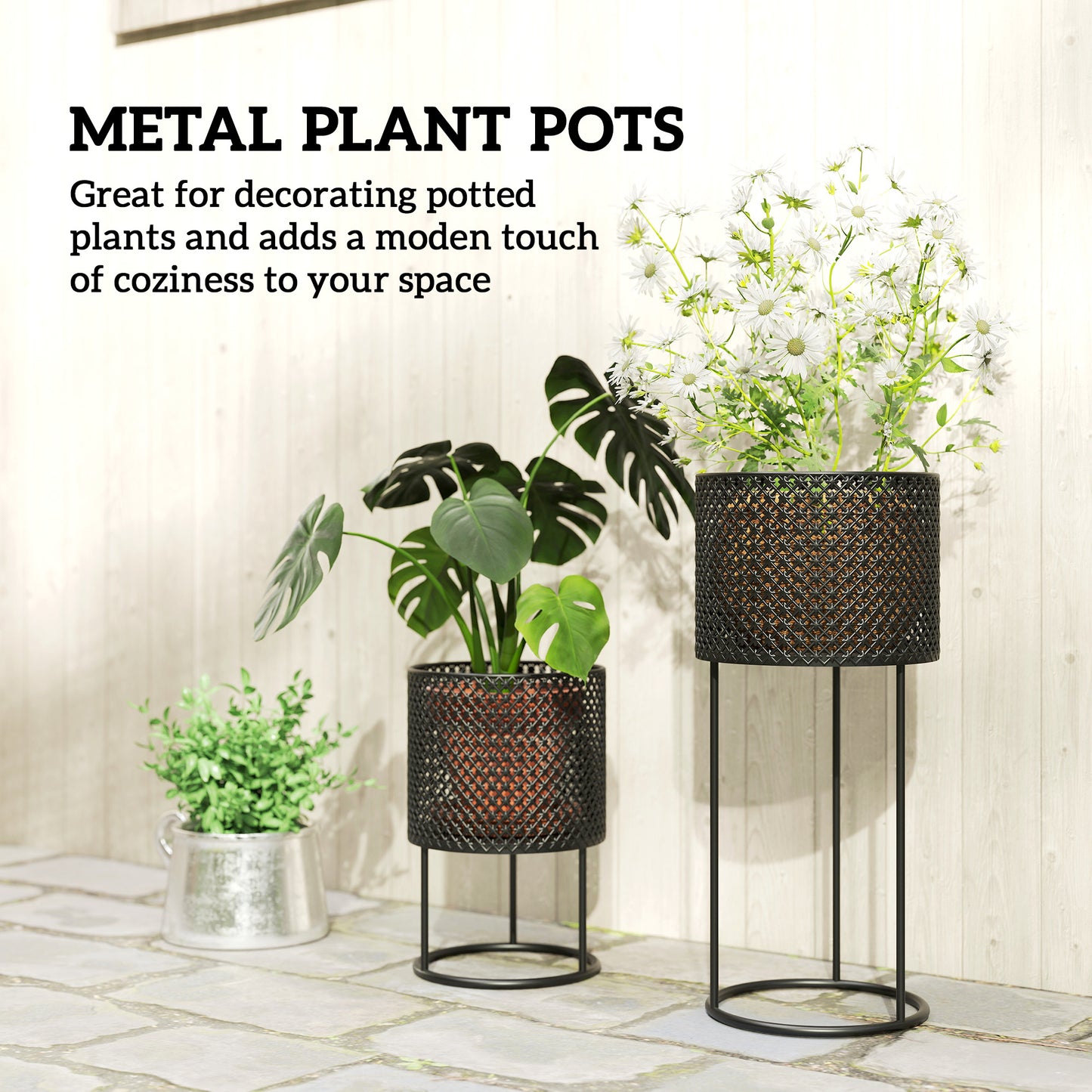 Set of 2 Powder-Coated Metal Plant Pots | Hollow Woven Design | Stackable | 10kg Large Ø23x50cm | 8kg Small Ø20x30cm | Patio Balcony & Indoor | Black