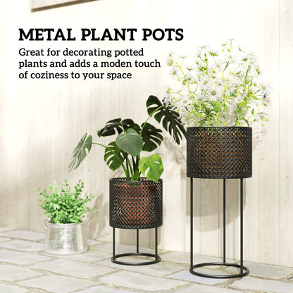 Set of 2 Powder-Coated Metal Plant Pots | Hollow Woven Design | Stackable | 10kg Large Ø23x50cm | 8kg Small Ø20x30cm | Patio Balcony & Indoor | Black