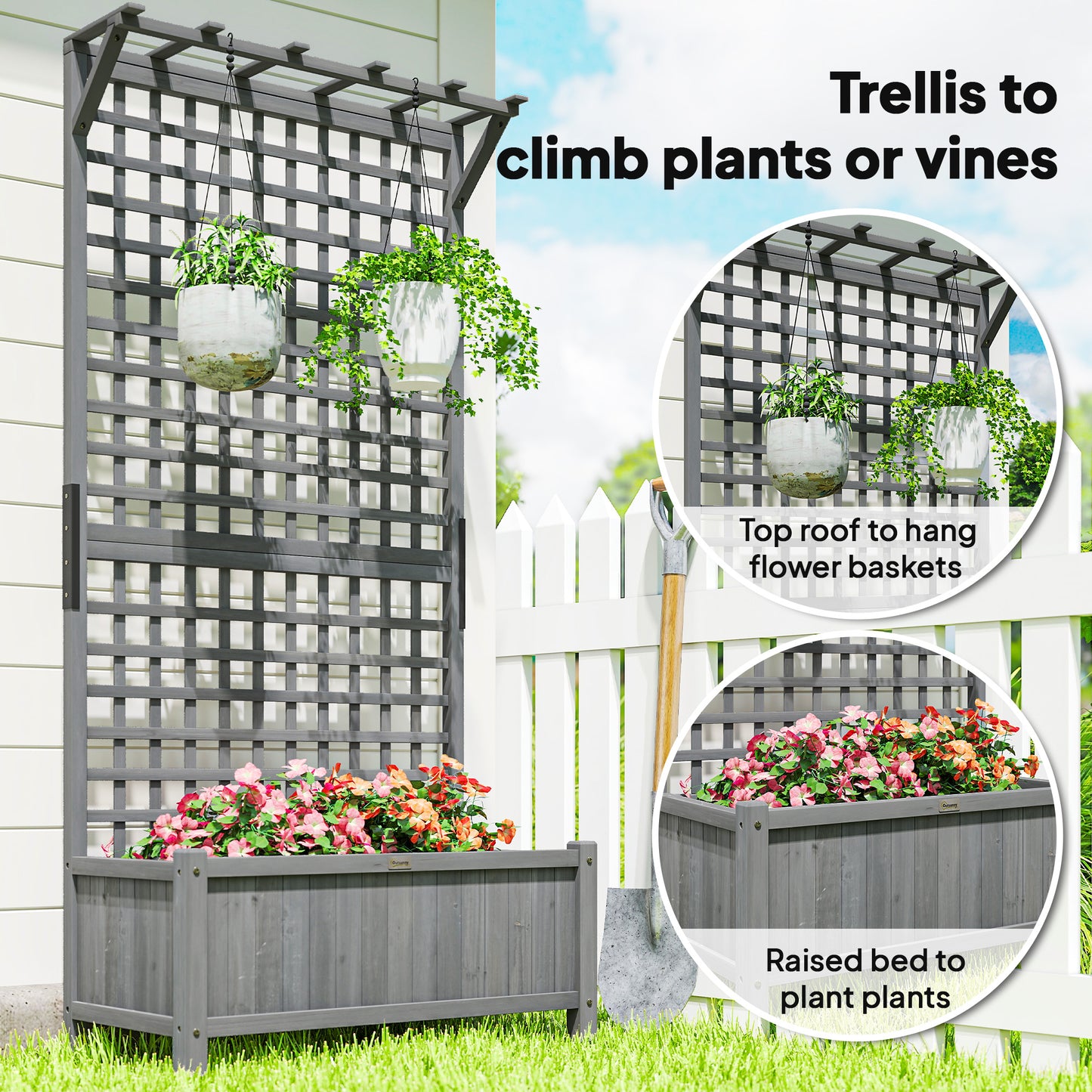 Raised Bed with Drainage Holes, Wood Planter with Trellis for Climbing Plants to Grow Vegetables, Flowers, Dark Grey