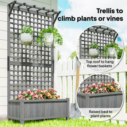 Raised Bed with Drainage Holes, Wood Planter with Trellis for Climbing Plants to Grow Vegetables, Flowers, Dark Grey
