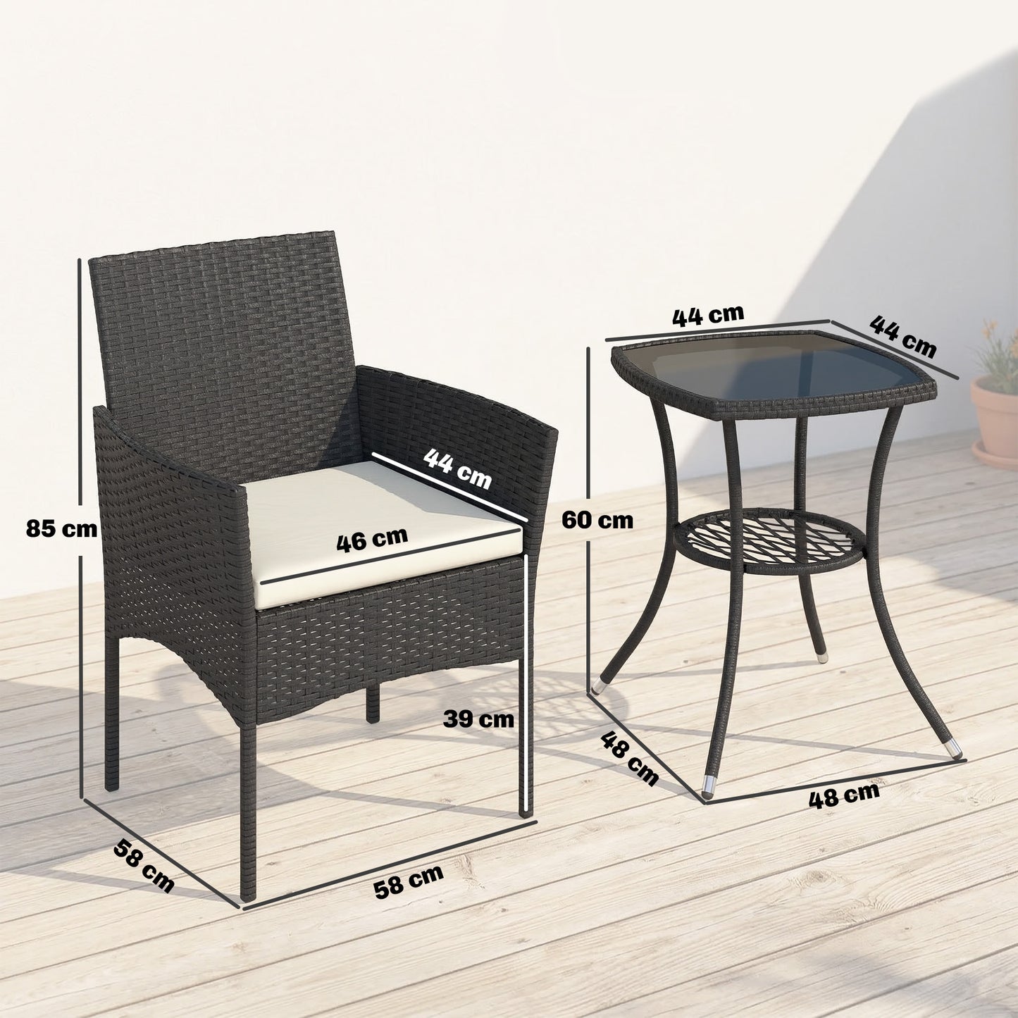 3 Piece Rattan Bistro Set | 2 Cushioned Armchairs | 2-Tier Tempered Glass Table | PE Wicker | Steel Frame | 120kg | Cream White & Black