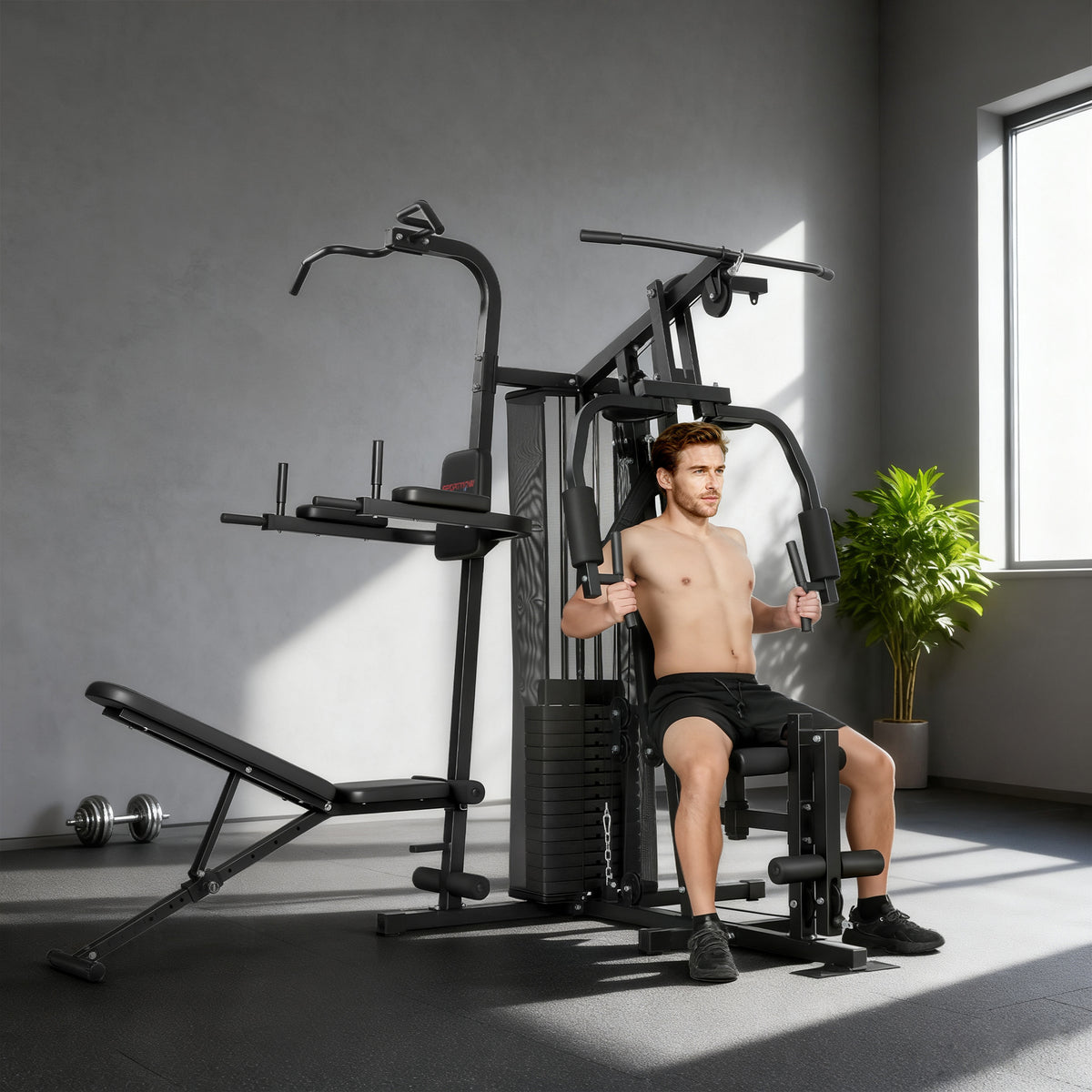All-in-One Home Gym Machine | Power Cage with 69 kg Weight Stack, Lat Pulldown, Chest Press, Leg Press & Pull-Up Station | 120 kg Capacity | Black