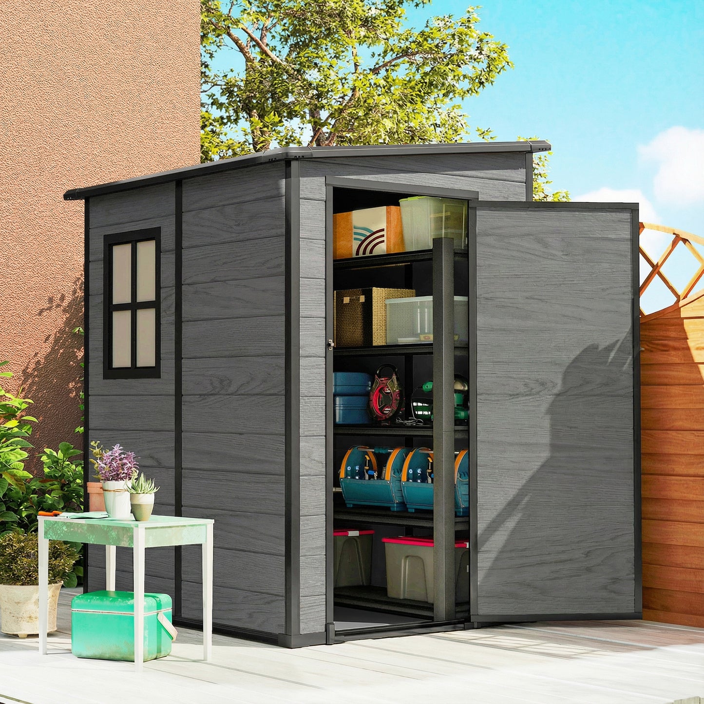 Aluminium Alloy & PP Lean-To Garden Storage Shed | Wood-Effect Finish | Lockable Door | Lock & 3 Keys | Window | Vent | Sloped Roof | 40kg/m² Snow Rating | 122x149x192cm | 1.54m²