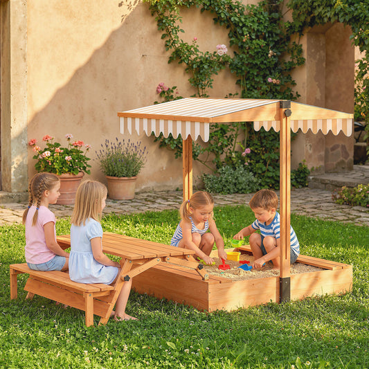 Kids Sand Pit with Canopy & Picnic Table – Fits 6 Children, 265kg Sand Capacity, UV-Proof Adjustable Canopy, Solid Fir Wood, EN71 Tested, Ages 3–8