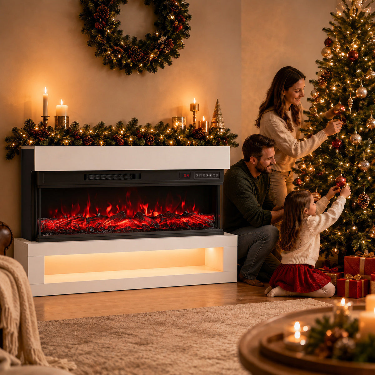 110cm Three-Sided Electric Fireplace Suite | 900/1800W, 12 Flame Colours & LED Shelf | Wall Mounted or Freestanding, Remote & Timer | White