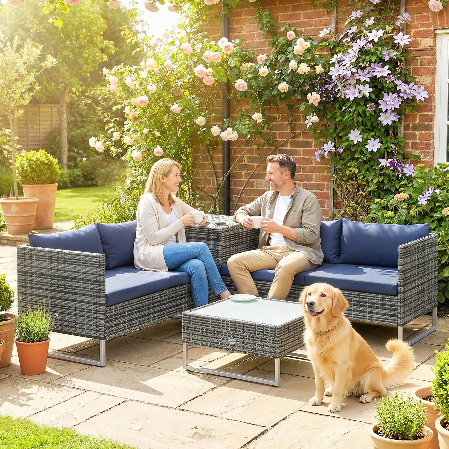 4 Piece L-Shaped Rattan Corner Garden Sofa Set | 2 Loveseats | Storage Trunk | Coffee Table | Tempered Glass | Padded Cushions | Washable Covers | PE Wicker | Dark Blue