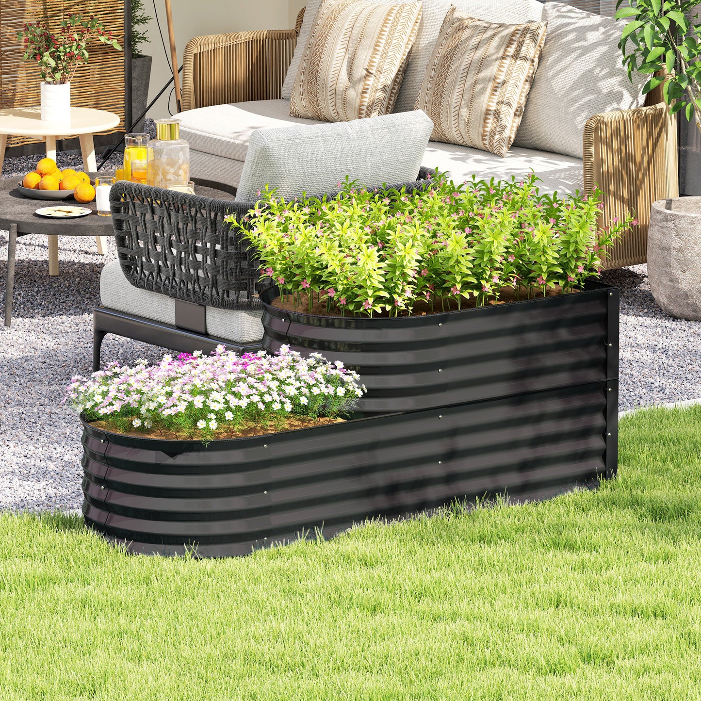 2-Tier Galvanised Steel Raised Garden Bed | 0.6mm Steel | Open Bottom | Folded Safety Edge & Rubber Strip | Bottom 149x59cm Top 89x59cm | 150x60x57cm | Dark Grey