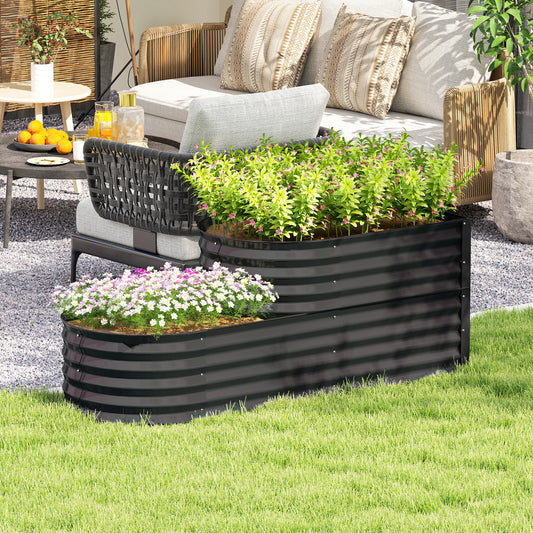 2-Tier Galvanised Steel Raised Garden Bed | 0.6mm Steel | Open Bottom | Folded Safety Edge & Rubber Strip | Bottom 149x59cm Top 89x59cm | 150x60x57cm | Dark Grey
